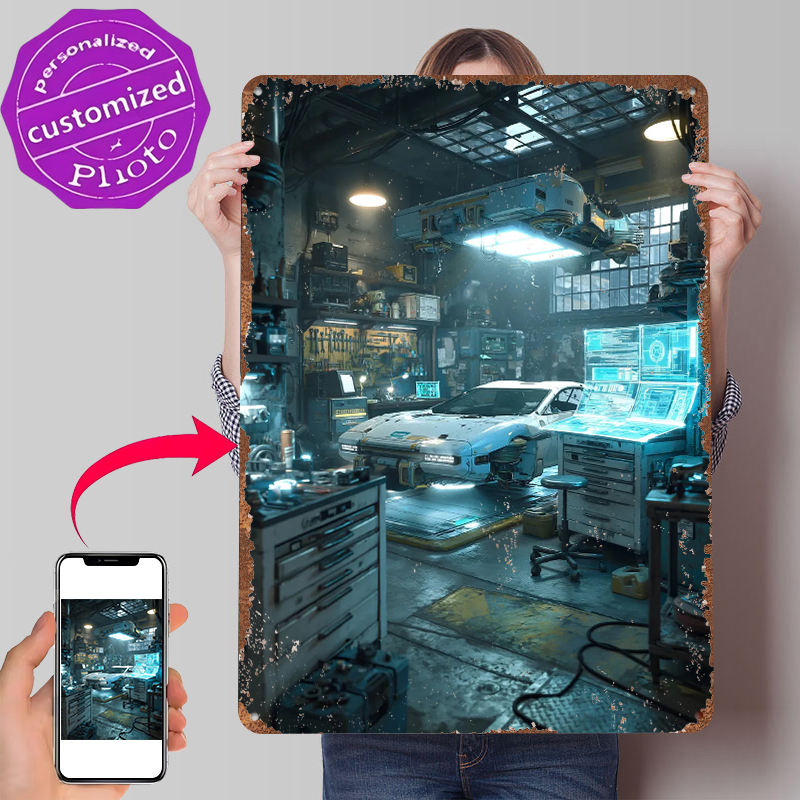 Retro Gaming Repair - Futuristic Car Repair Garage Metal Poster